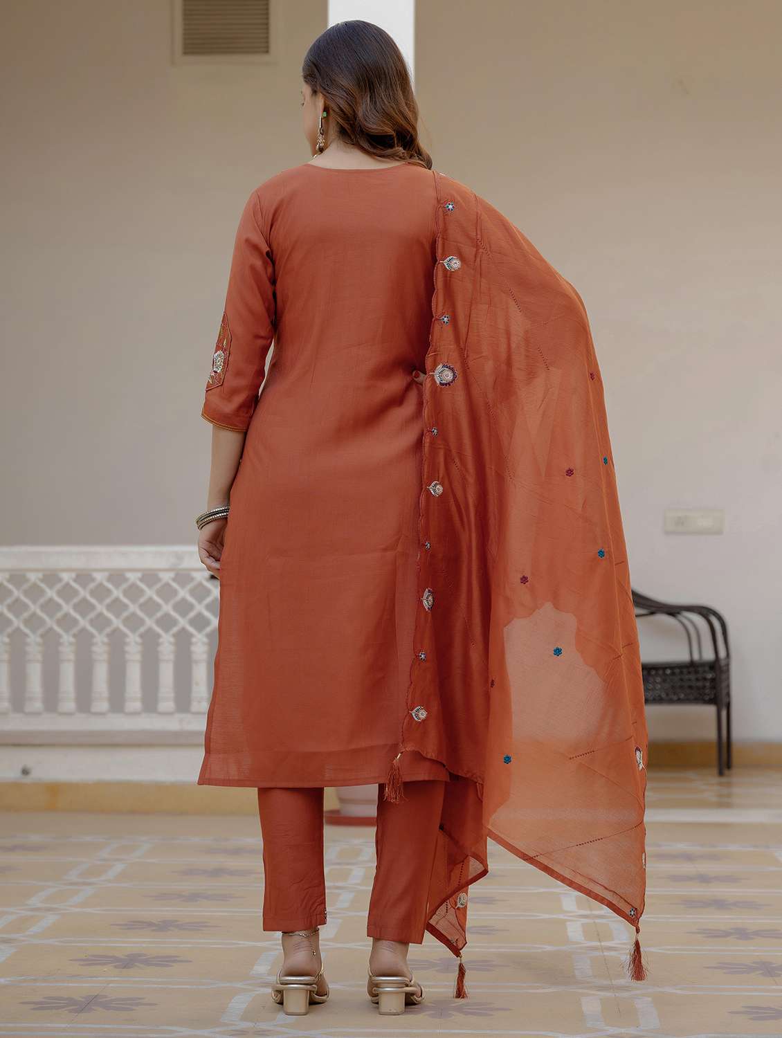 women solid with work three quarter sleeve kurta pant with dupatta set - 22379468 -  Standard Image - 4