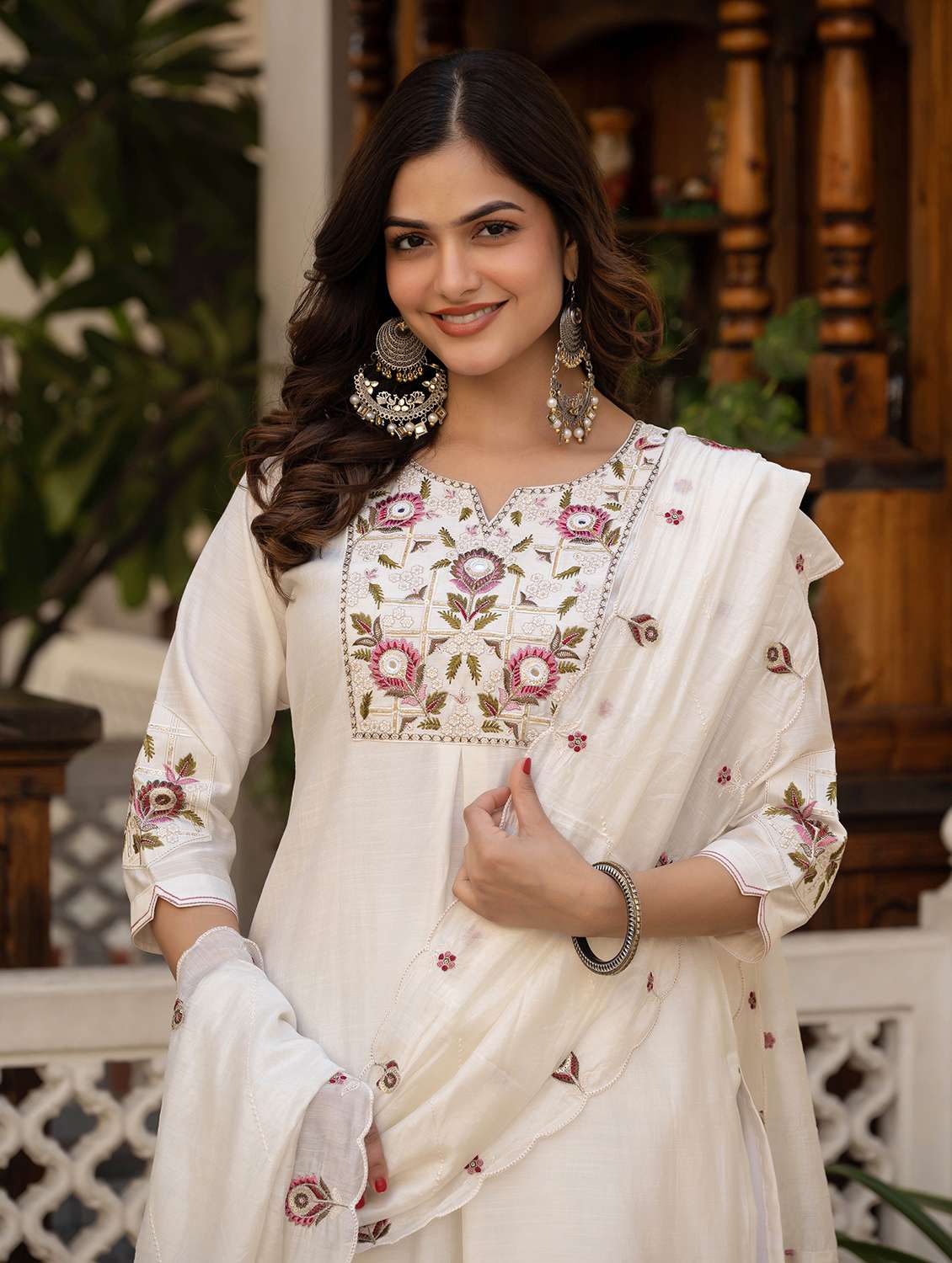 women solid with work three quarter sleeve kurta pant with dupatta set - 22379469 -  Standard Image - 1