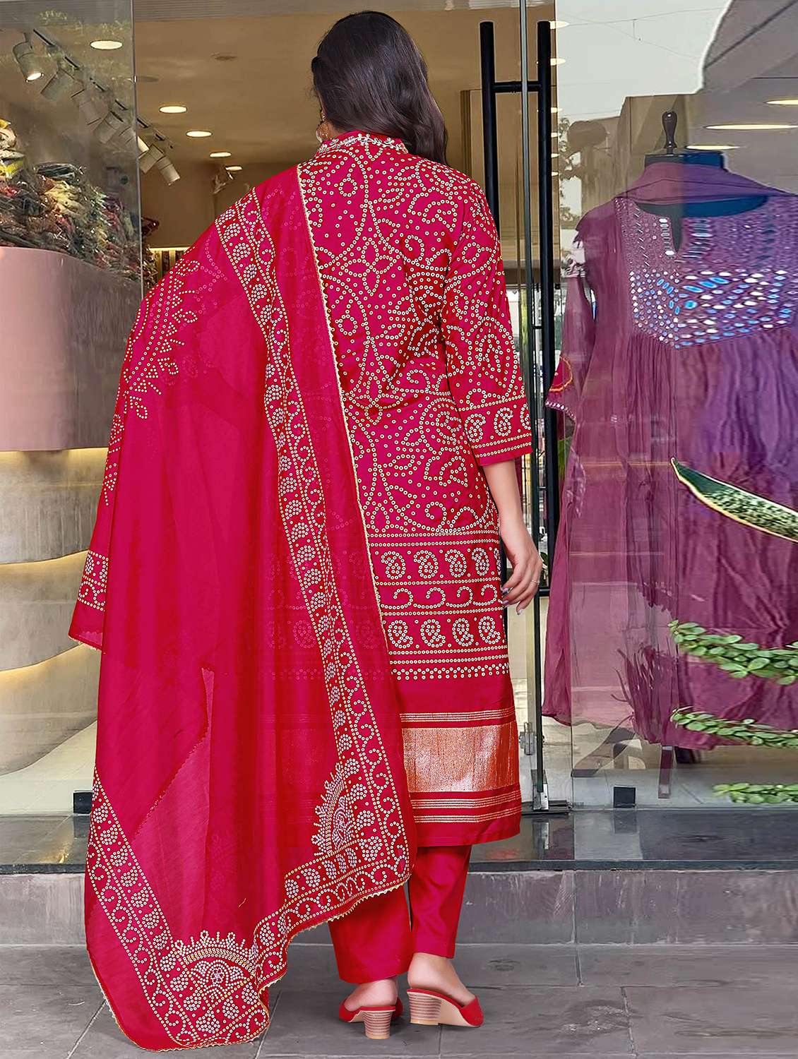women bandhani three quarter sleeve kurta pant with dupatta set - 22379470 -  Standard Image - 4