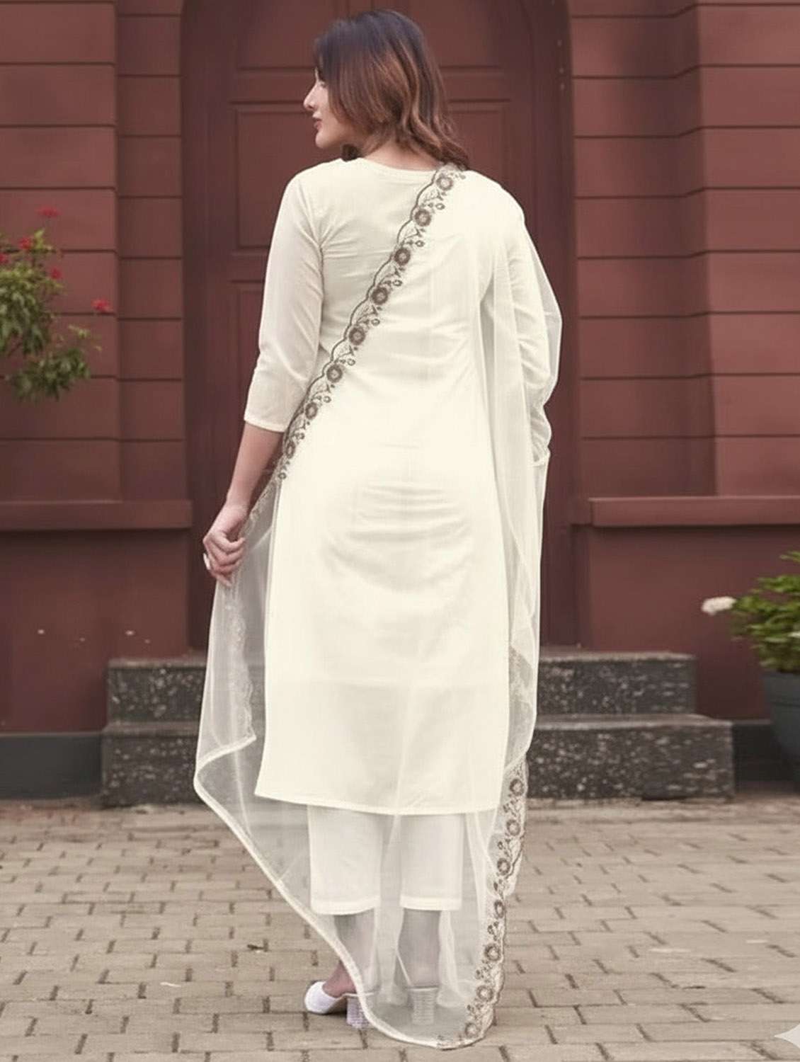 women solid with work three quarter sleeve kurta pant with dupatta set - 22379472 -  Standard Image - 4