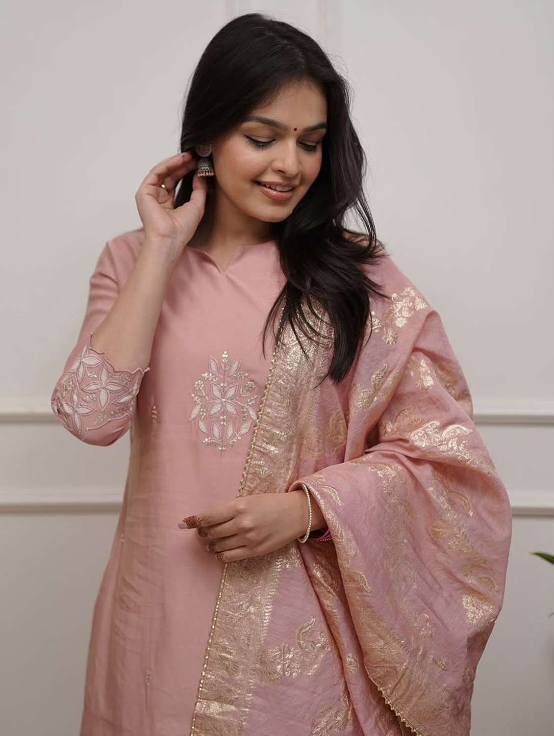 women solid with work three quarter sleeve kurta pant with dupatta set - 22379481 -  Standard Image - 1