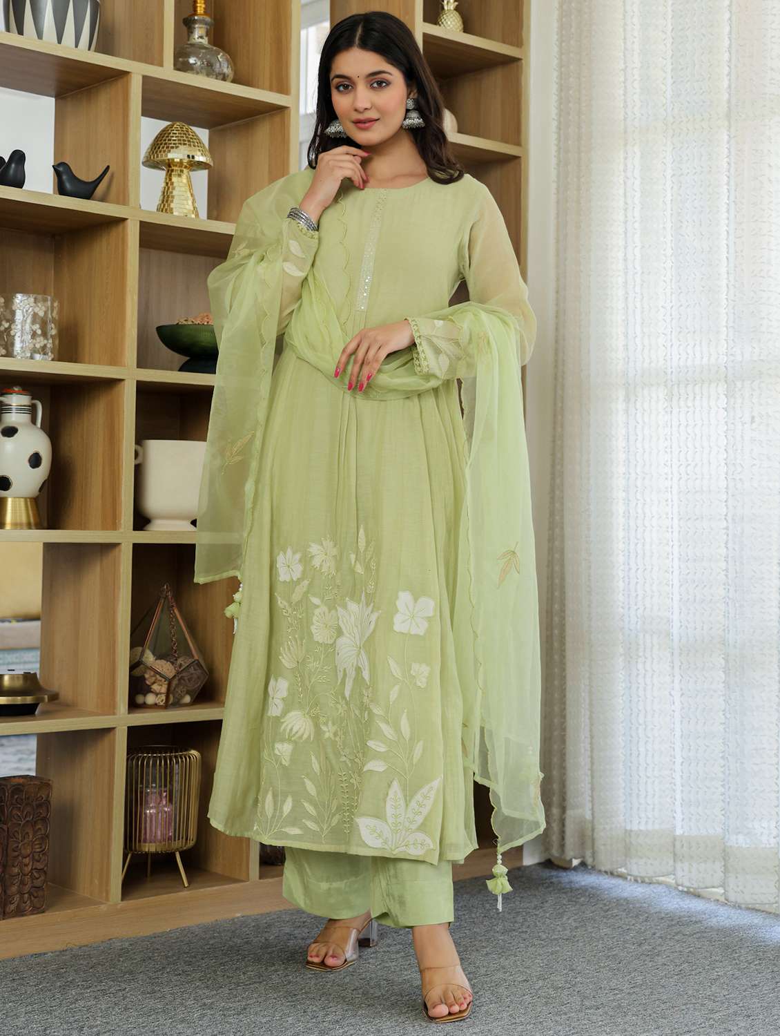 women solid with work long sleeve kurta pant with dupatta set - 22379486 -  Standard Image - 1
