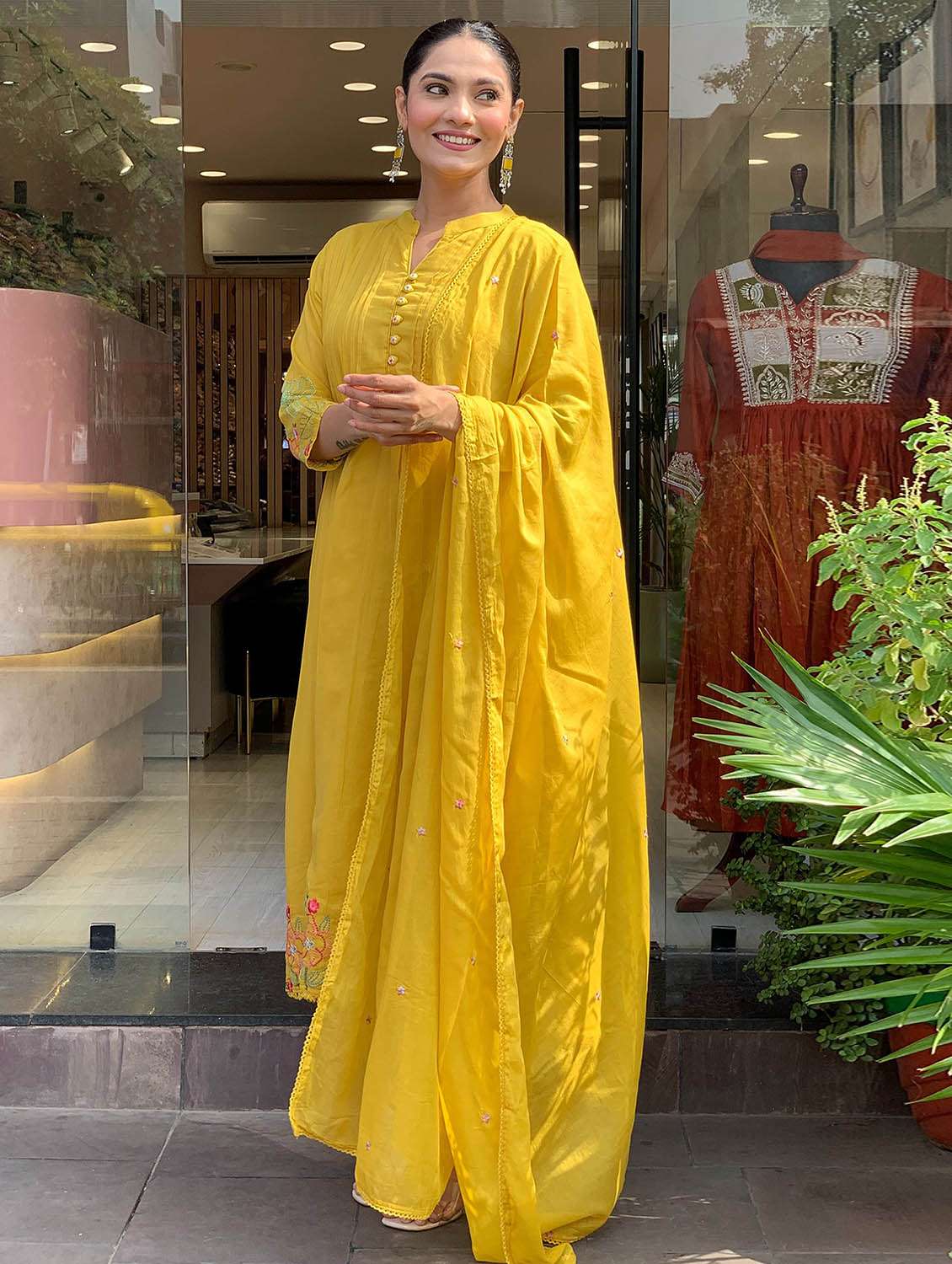 women solid with work three quarter sleeve kurta pant with dupatta set - 22379489 -  Standard Image - 1