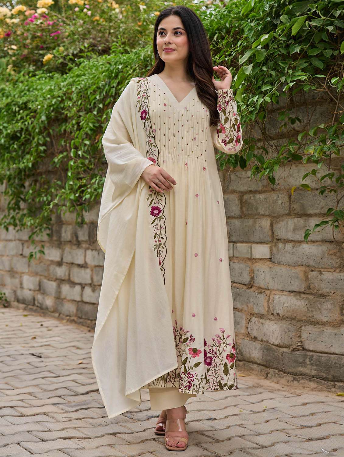 women solid with work long sleeve kurta pant with dupatta set - 22379490 -  Standard Image - 1