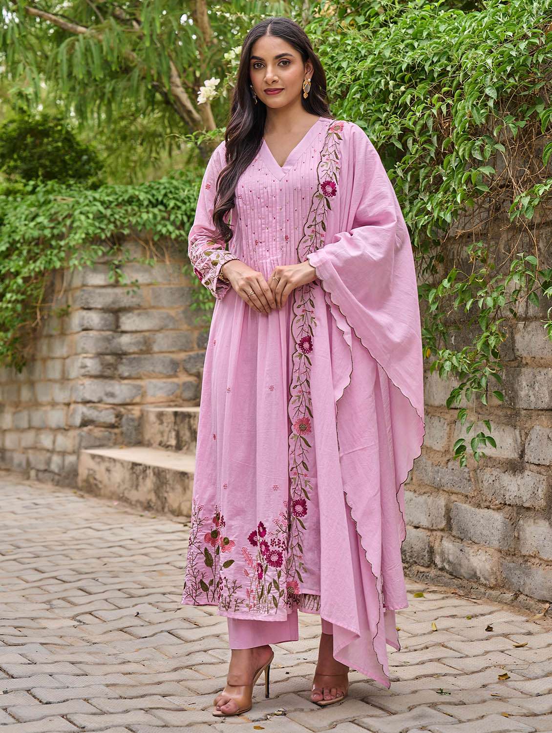 women solid with work long sleeve kurta pant with dupatta set - 22379491 -  Standard Image - 1