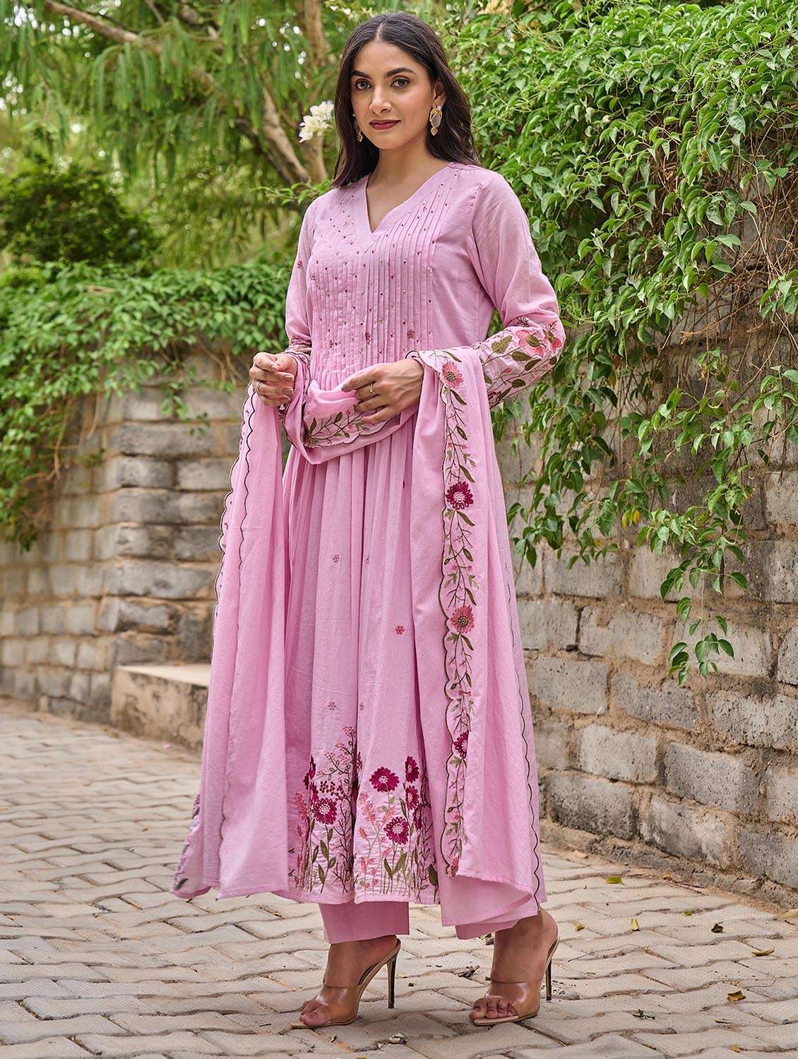 women solid with work long sleeve kurta pant with dupatta set - 22379491 -  Standard Image - 4