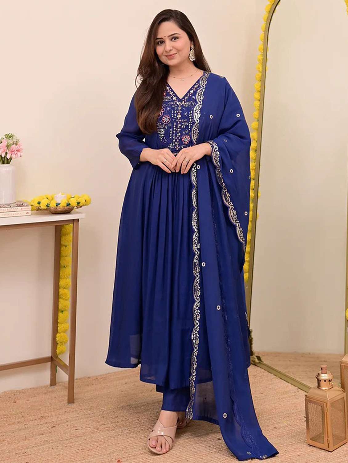 women solid with work three quarter sleeve kurta pant with dupatta set - 22379493 -  Standard Image - 1