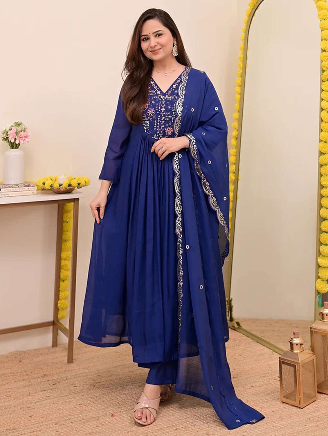 women solid with work three quarter sleeve kurta pant with dupatta set - 22379493 -  Standard Image - 4