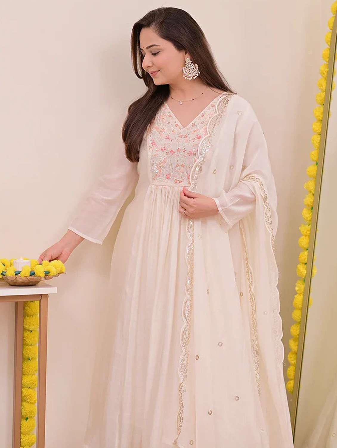 women solid with work three quarter sleeve kurta pant with dupatta set - 22379494 -  Standard Image - 1