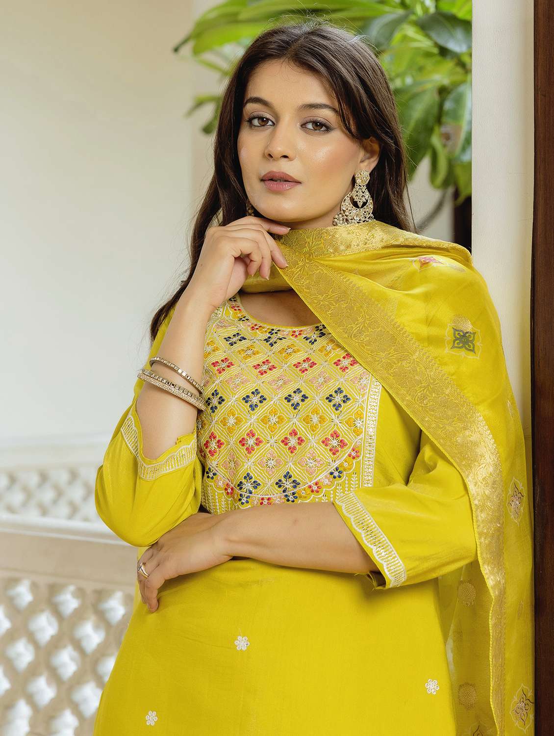 women solid with work three quarter sleeve kurta pant with dupatta set - 22379500 -  Standard Image - 1