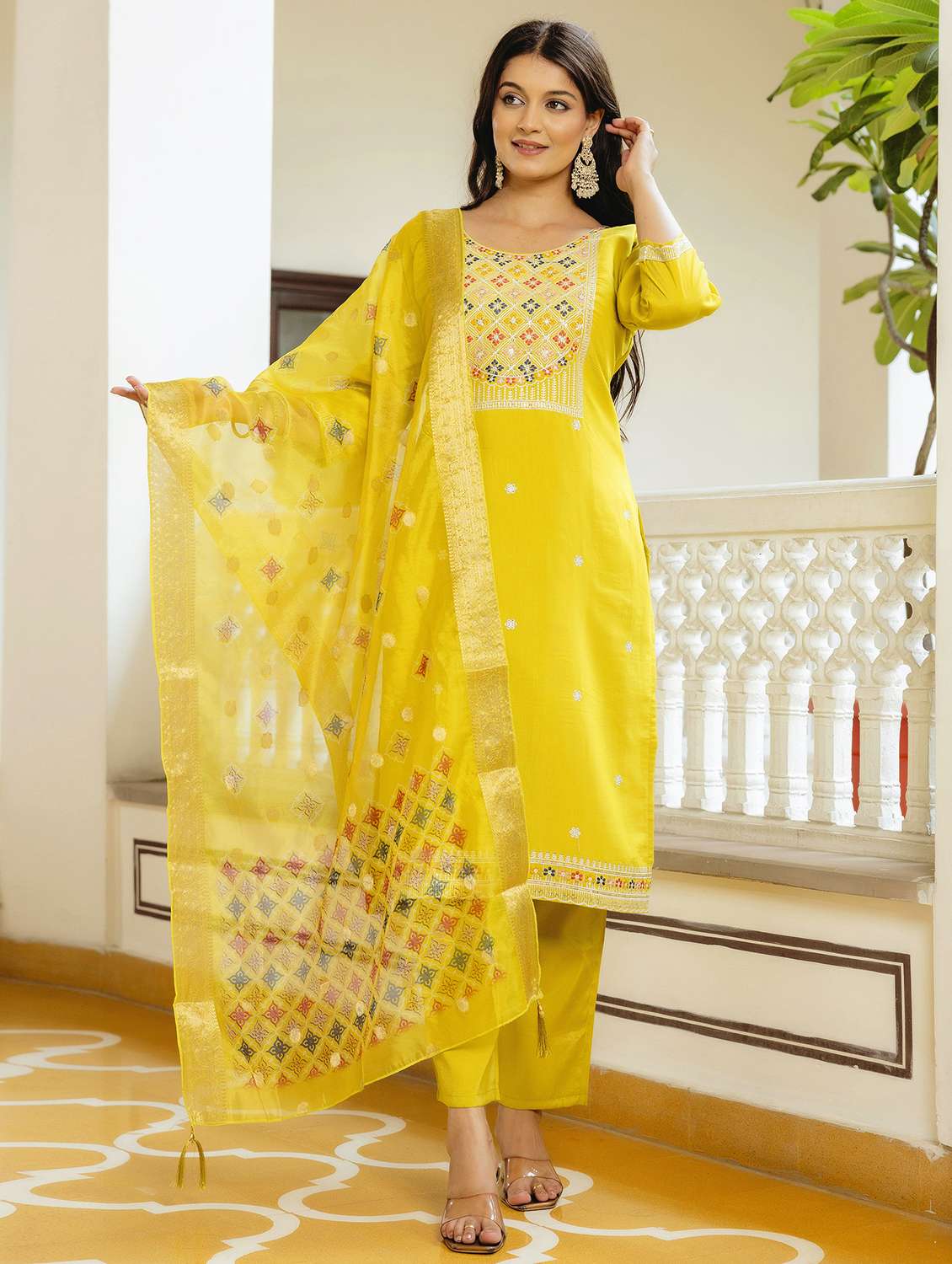 women solid with work three quarter sleeve kurta pant with dupatta set - 22379500 -  Standard Image - 4