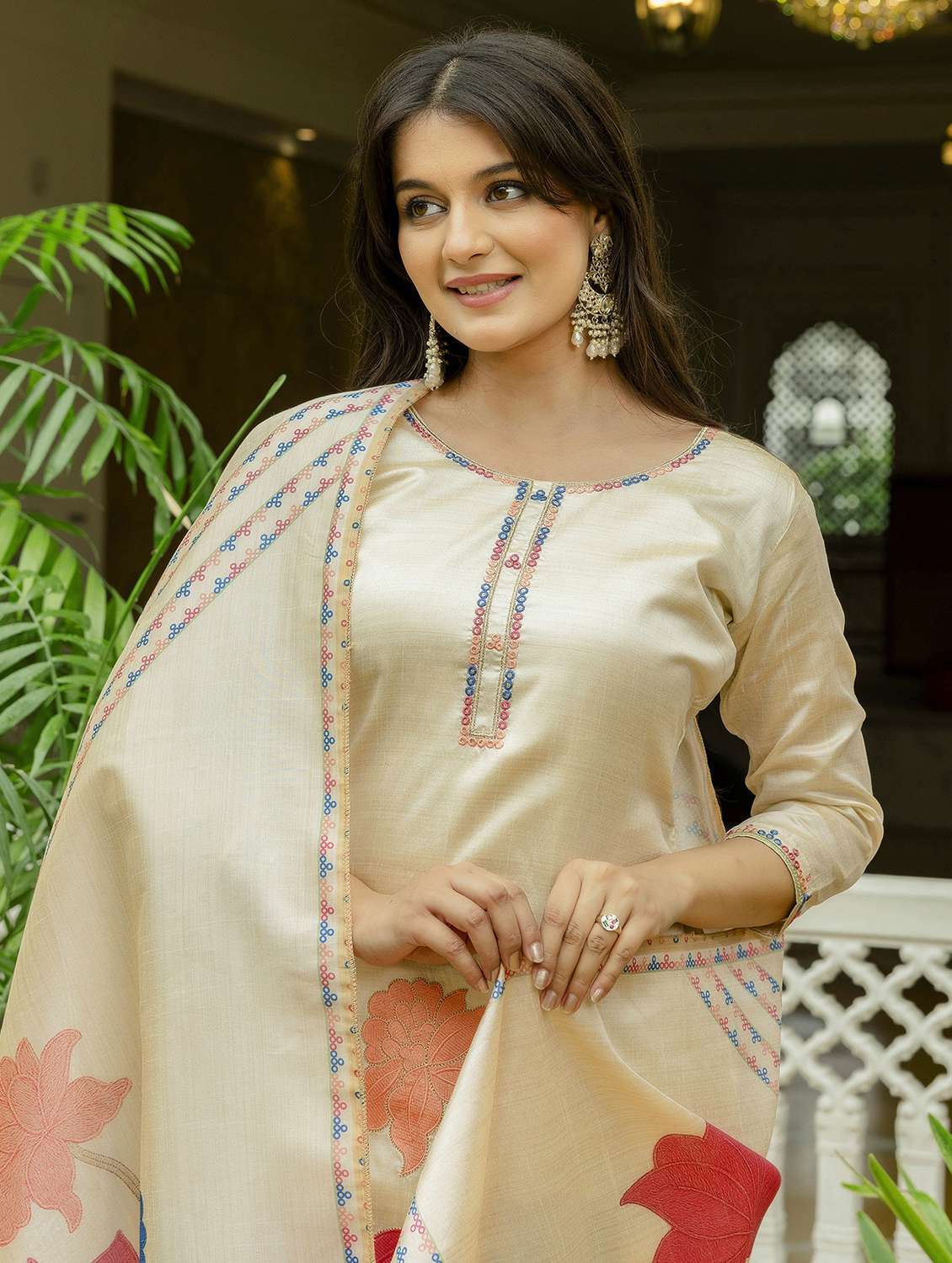 women solid with work three quarter sleeve kurta pant with dupatta set - 22379501 -  Standard Image - 1