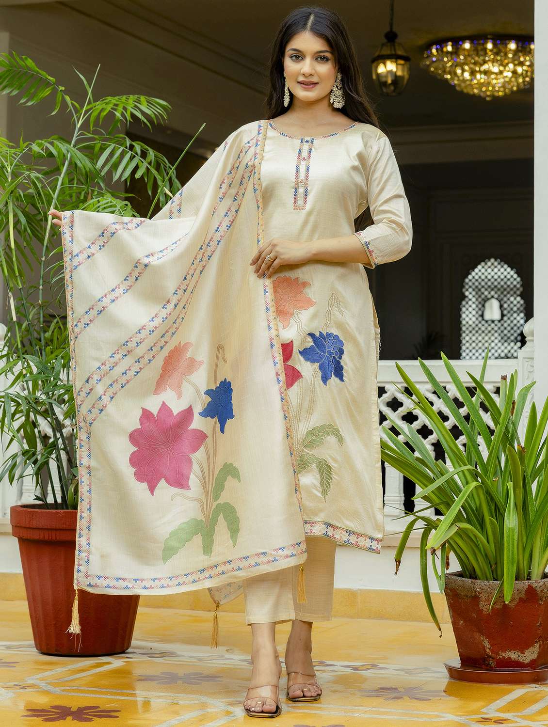 women solid with work three quarter sleeve kurta pant with dupatta set - 22379501 -  Standard Image - 4
