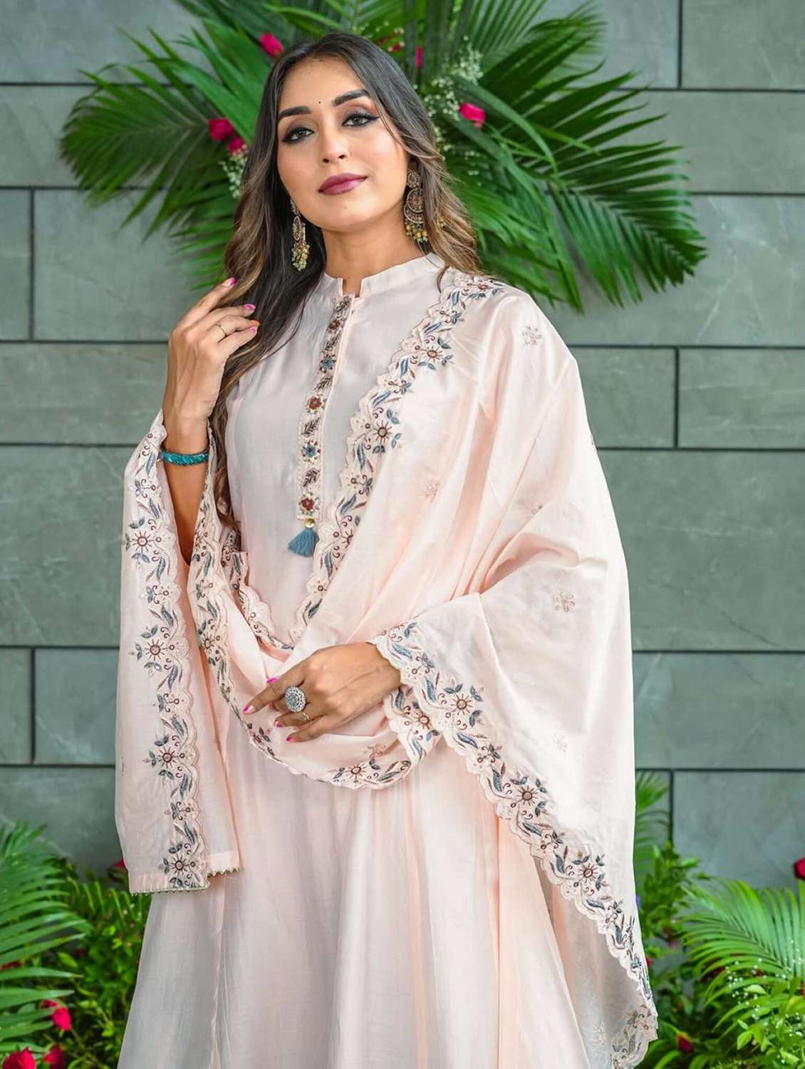 women solid with work three quarter sleeve kurta pant with dupatta set - 22379508 -  Standard Image - 1