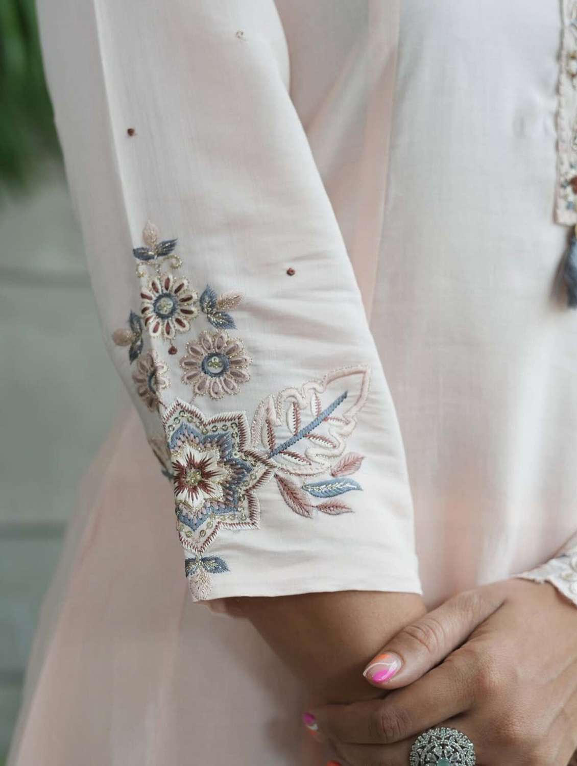 women solid with work three quarter sleeve kurta pant with dupatta set - 22379508 -  Standard Image - 4