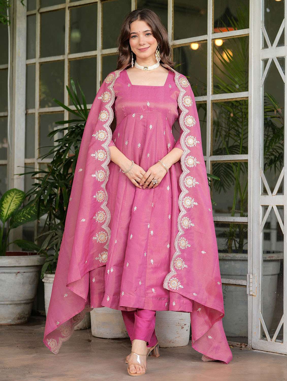 women solid with work three quarter sleeve kurta pant with dupatta set - 22379522 -  Standard Image - 4