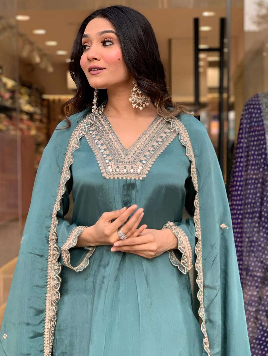 women solid with work long sleeve kurta sharara with dupatta set - 22379527 -  Standard Image - 1