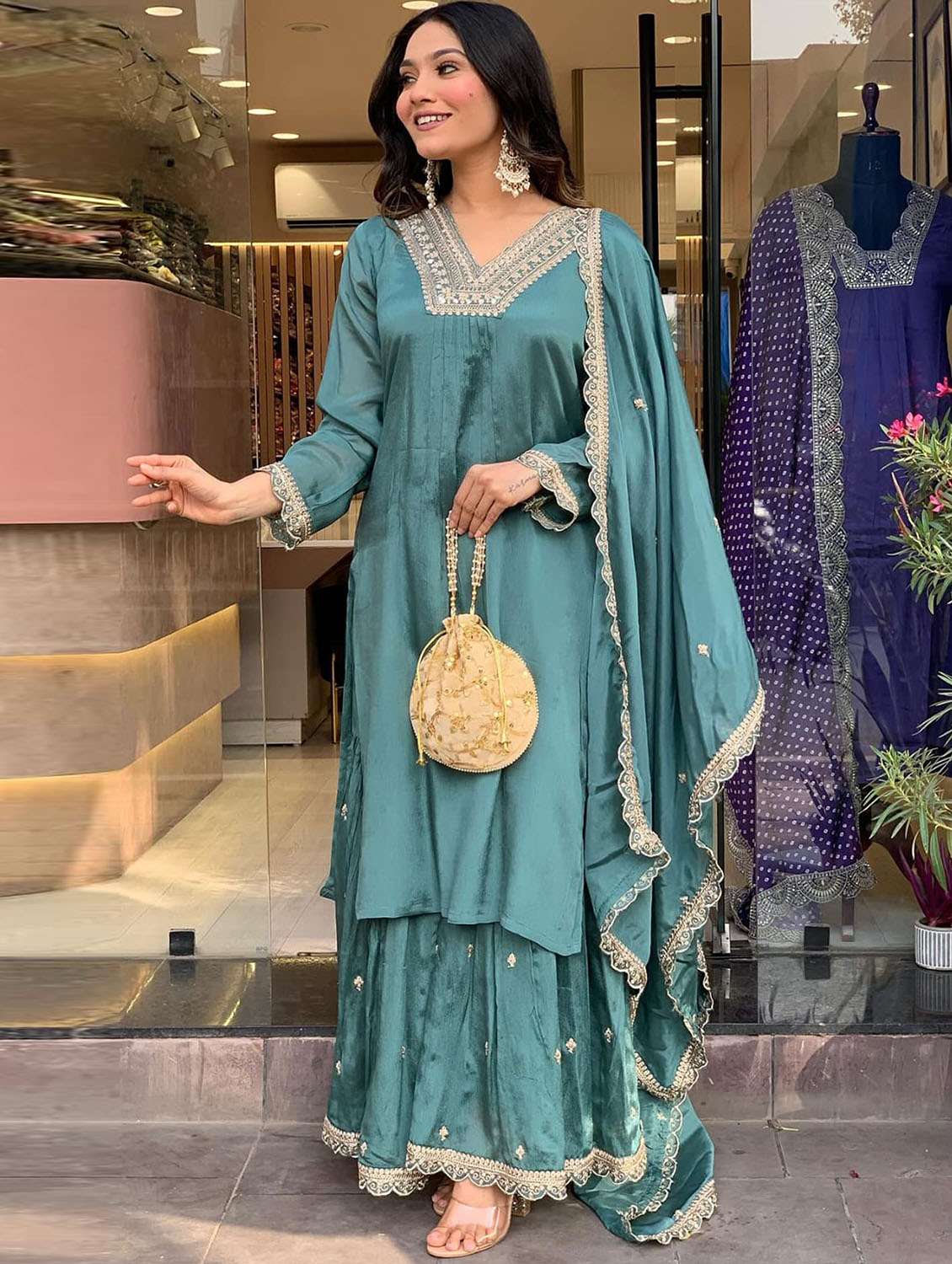 women solid with work long sleeve kurta sharara with dupatta set - 22379527 -  Standard Image - 4