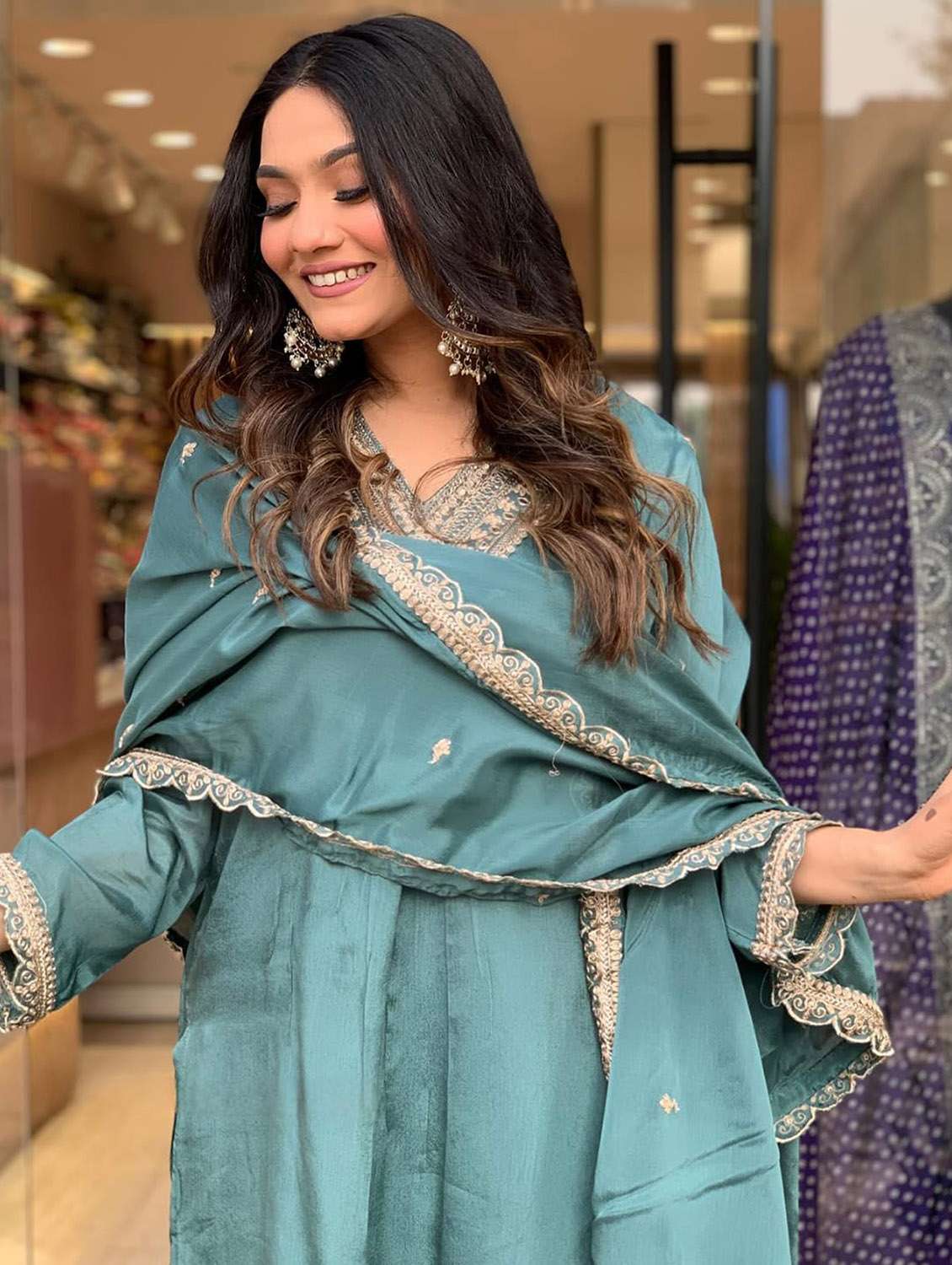 women solid with work long sleeve kurta sharara with dupatta set - 22379527 -  Standard Image - 6