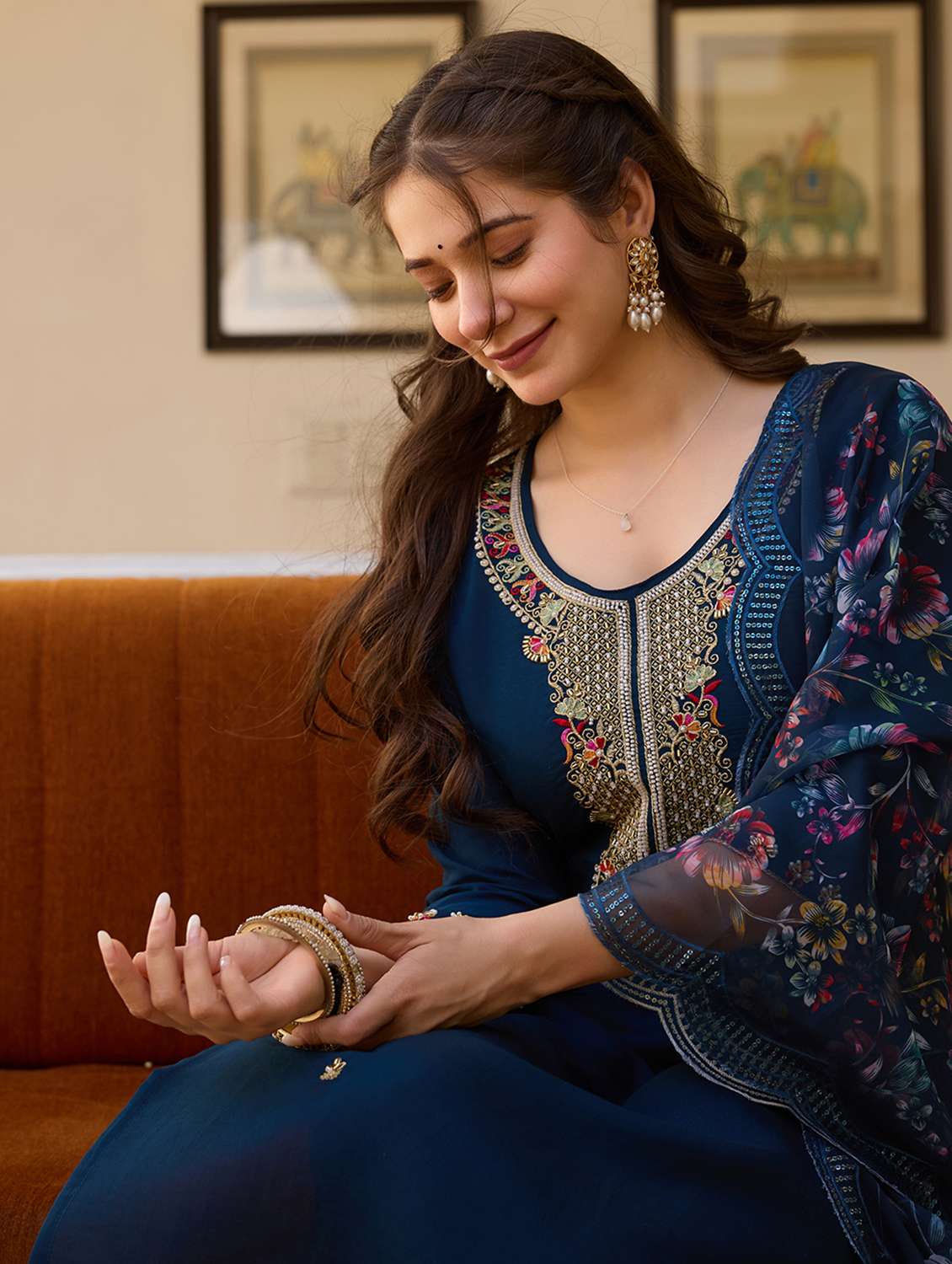 women solid with work three quarter sleeve kurta pant with dupatta set - 22379528 -  Standard Image - 1