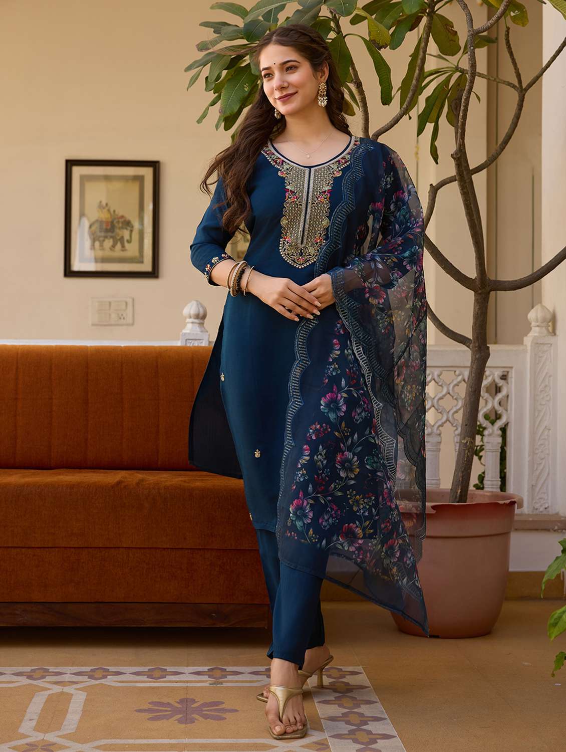women solid with work three quarter sleeve kurta pant with dupatta set - 22379528 -  Standard Image - 4
