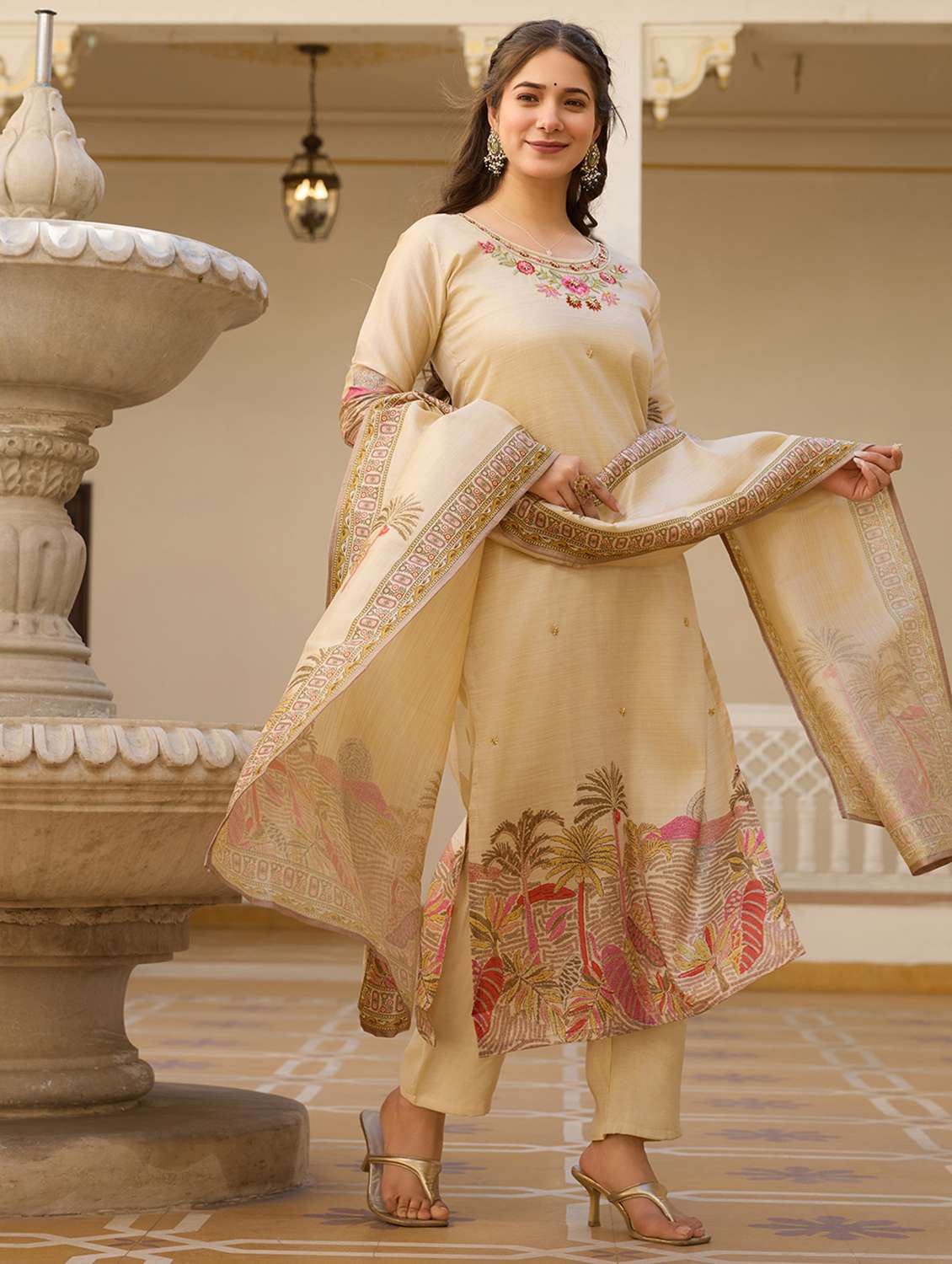 women solid with work three quarter sleeve kurta pant with dupatta set - 22379529 -  Standard Image - 4