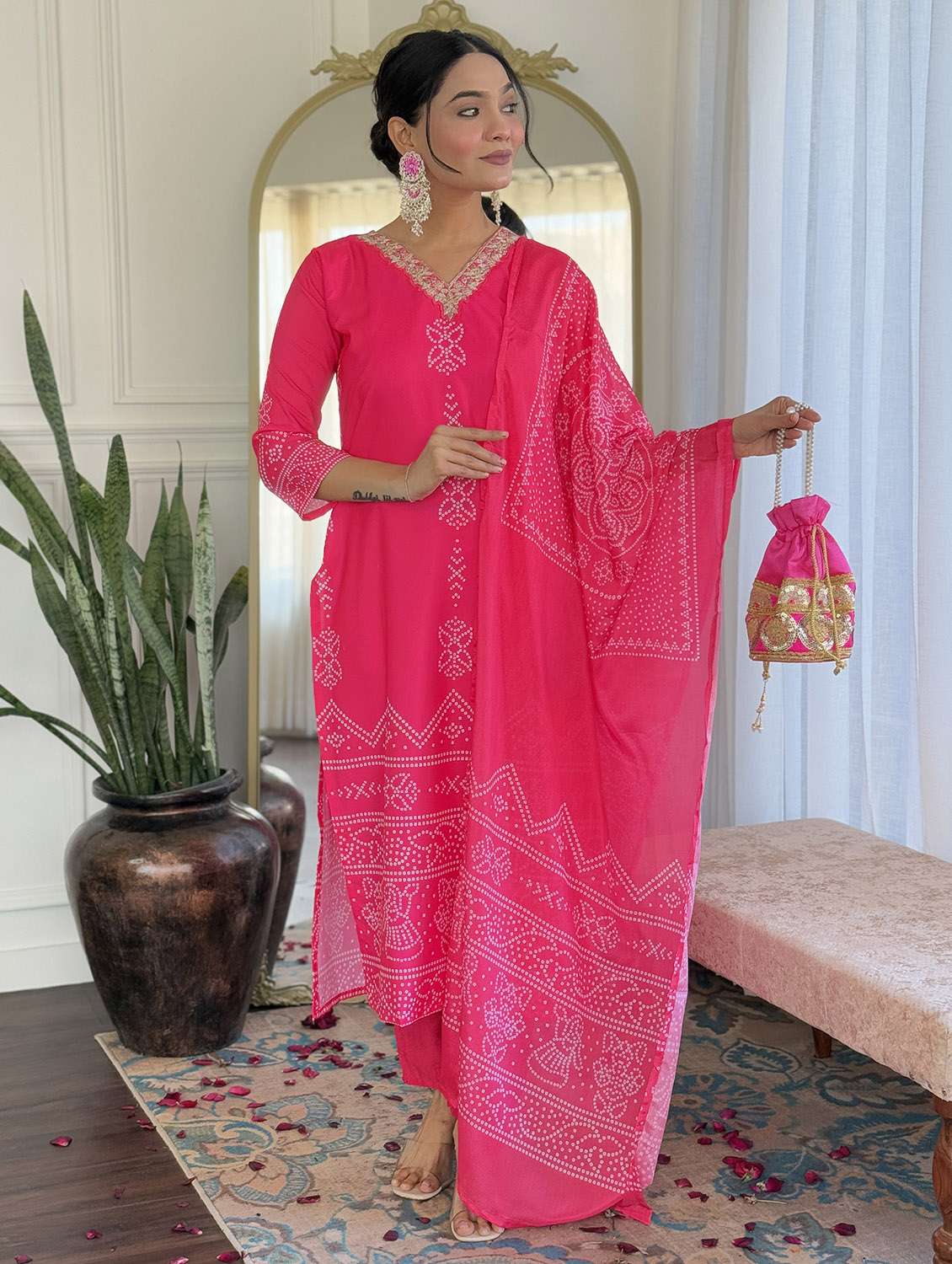 women bandhani three quarter sleeve kurta pant with dupatta set - 22379539 -  Standard Image - 1