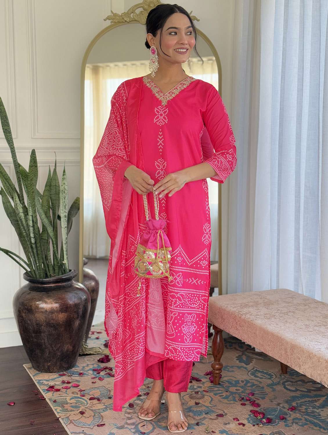 women bandhani three quarter sleeve kurta pant with dupatta set - 22379539 -  Standard Image - 4