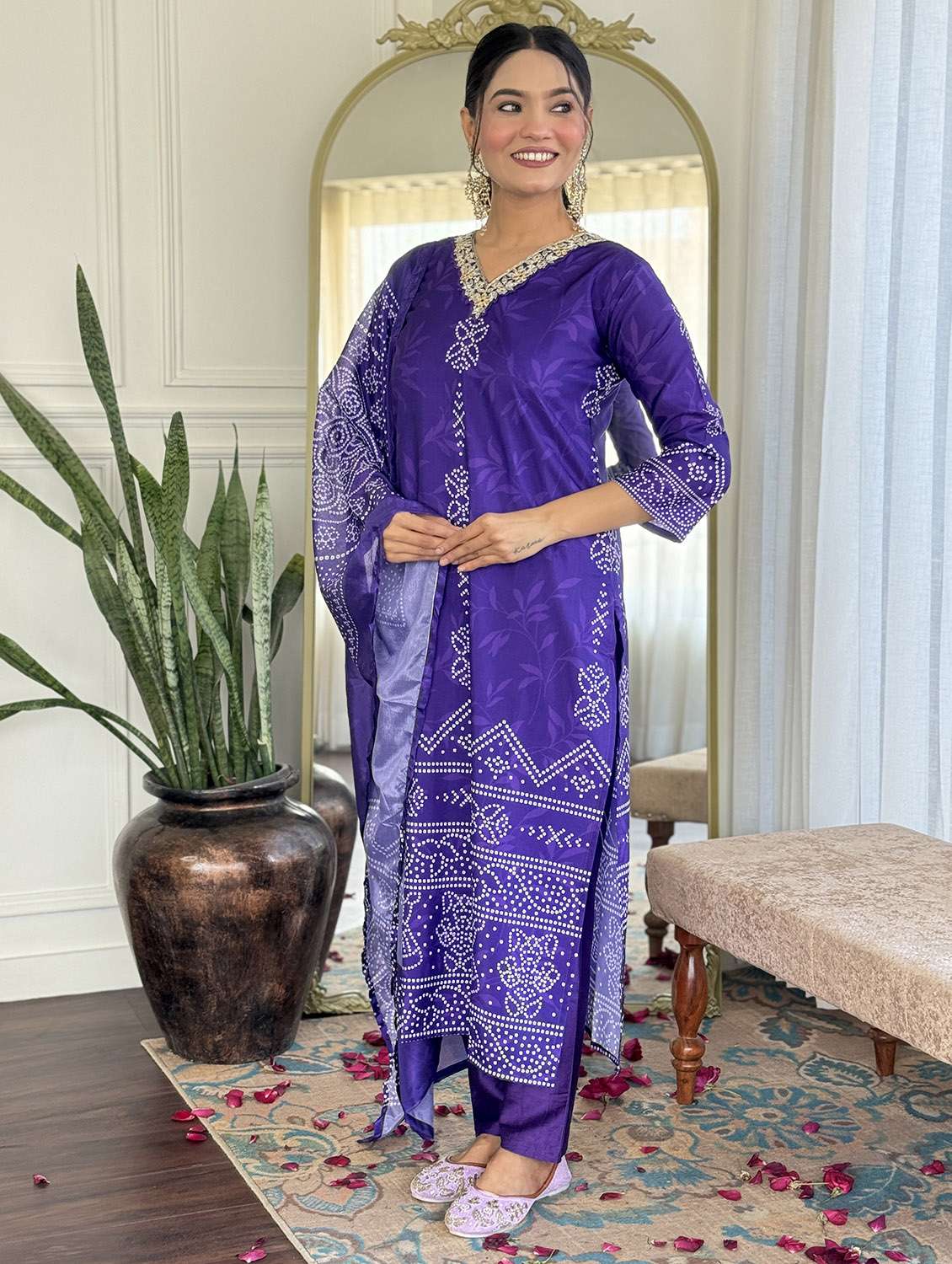 women bandhani three quarter sleeve kurta pant with dupatta set - 22379540 -  Standard Image - 6