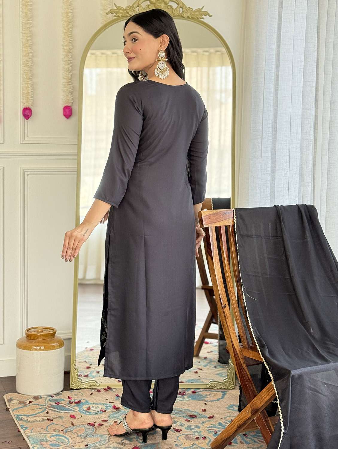 women solid with work three quarter sleeve kurta pant with dupatta set - 22379545 -  Standard Image - 4