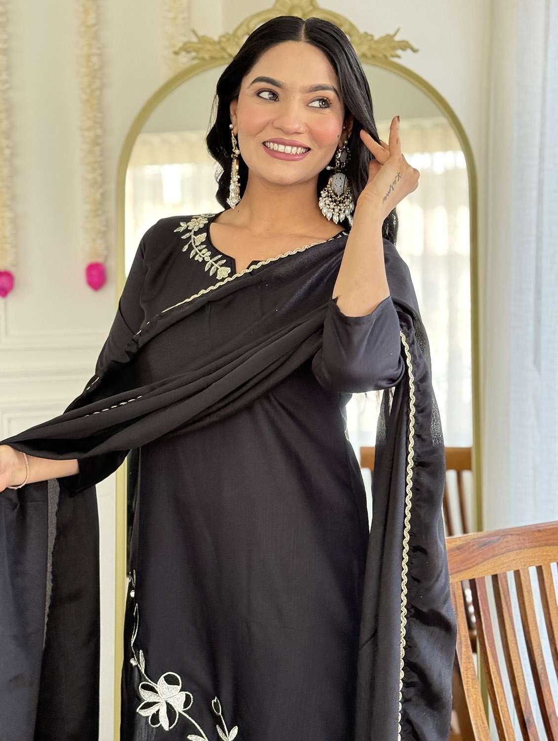 women solid with work three quarter sleeve kurta pant with dupatta set - 22379545 -  Standard Image - 6