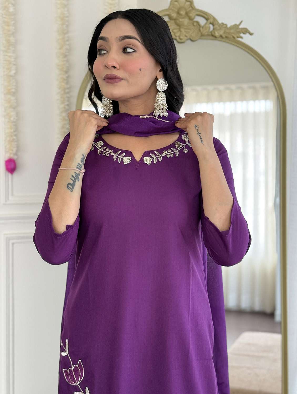 women solid with work three quarter sleeve kurta pant with dupatta set - 22379547 -  Standard Image - 1