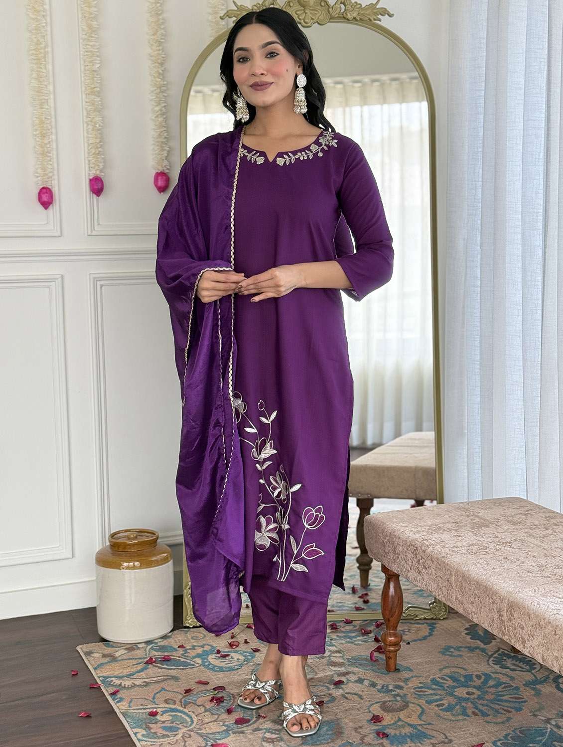 women solid with work three quarter sleeve kurta pant with dupatta set - 22379547 -  Standard Image - 4