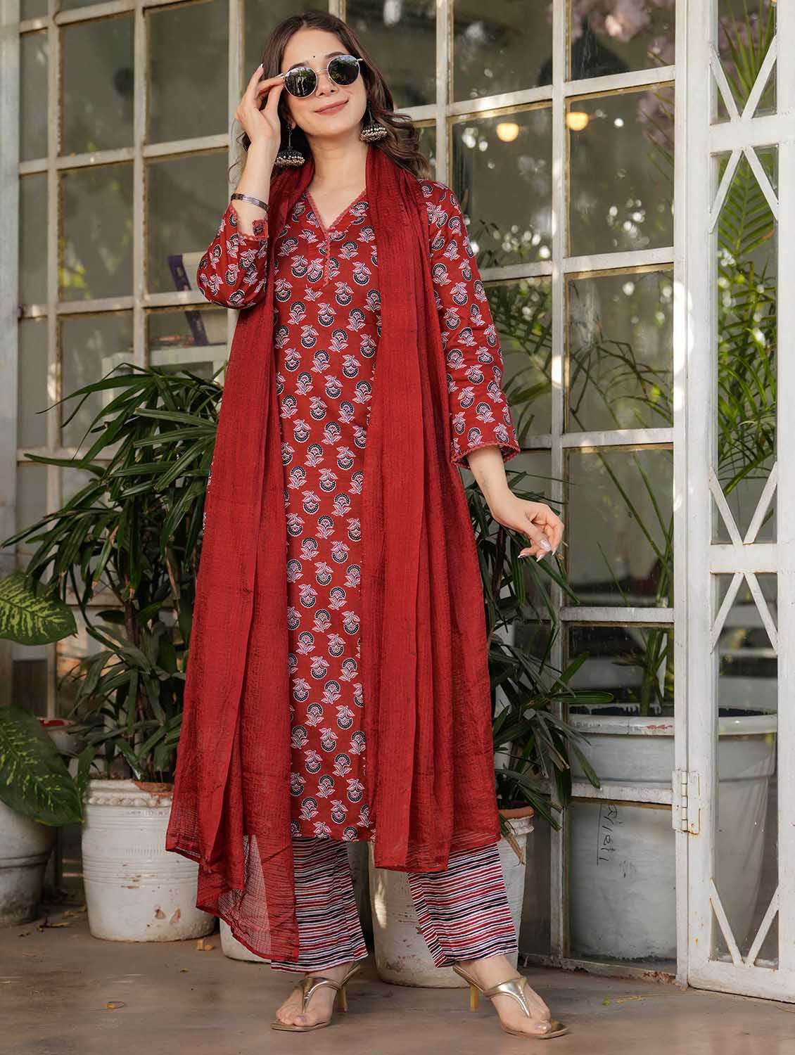 women floral three quarter sleeve kurta pant with dupatta set - 22379553 -  Standard Image - 1