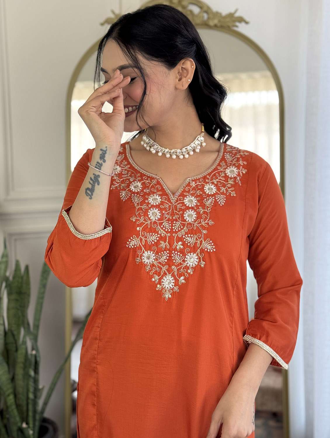 women solid with work three quarter sleeve kurta pant with dupatta set - 22379558 -  Standard Image - 1