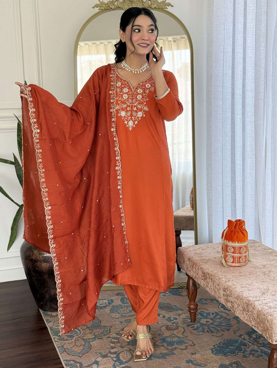 women solid with work three quarter sleeve kurta pant with dupatta set - 22379558 -  Standard Image - 4