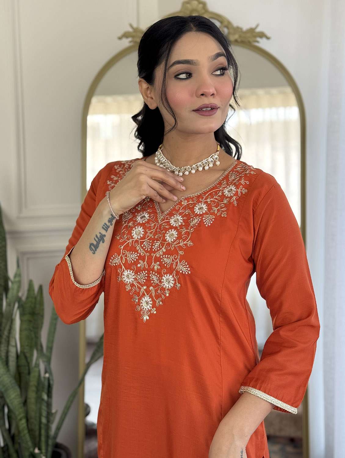 women solid with work three quarter sleeve kurta pant with dupatta set - 22379558 -  Standard Image - 6