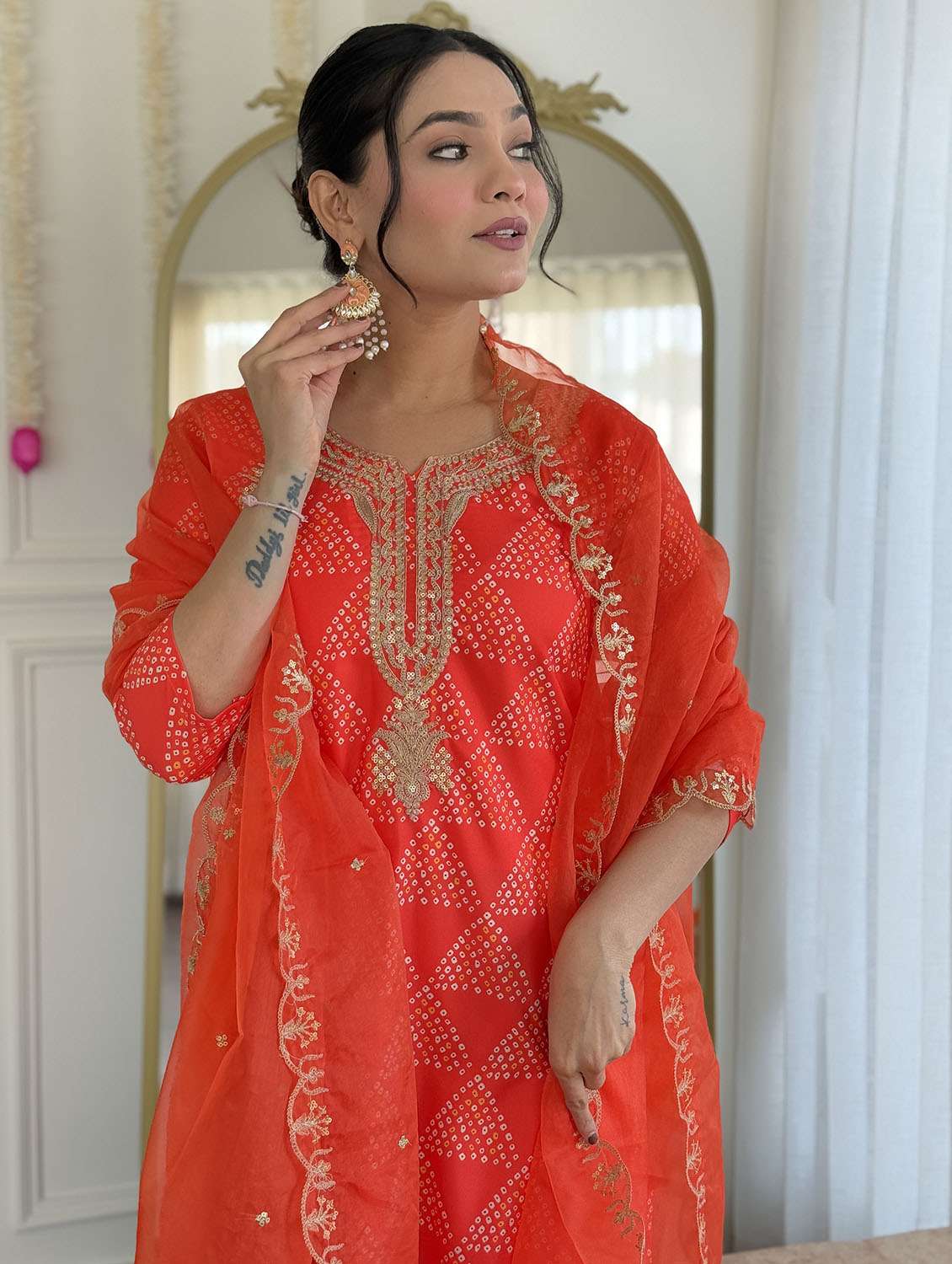 women bandhani three quarter sleeve kurta pant with dupatta set - 22379562 -  Standard Image - 1