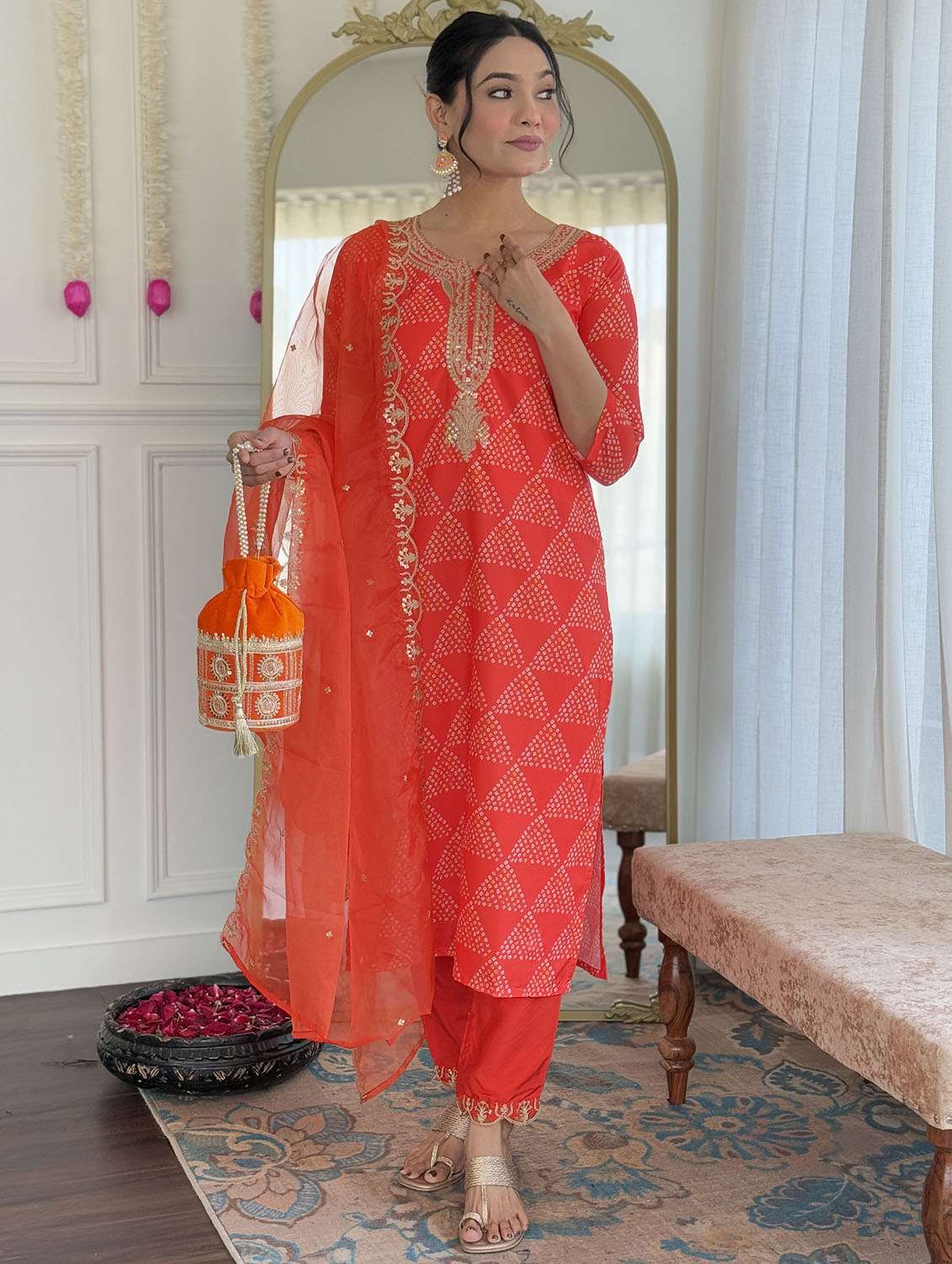 women bandhani three quarter sleeve kurta pant with dupatta set - 22379562 -  Standard Image - 4