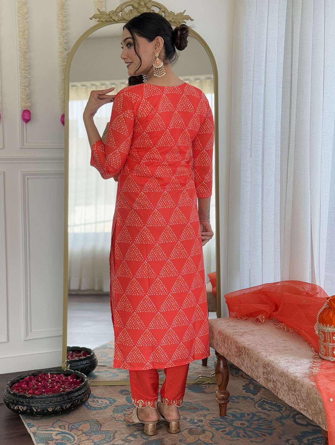 women bandhani three quarter sleeve kurta pant with dupatta set - 22379562 -  Standard Image - 6