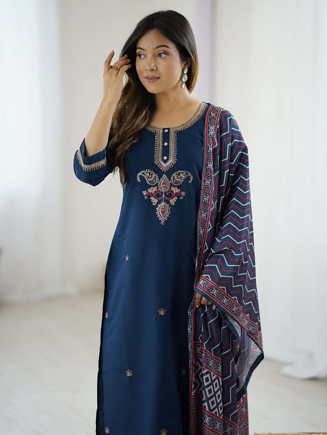 women solid with work three quarter sleeve kurta pant with dupatta set - 22379564 -  Standard Image - 1