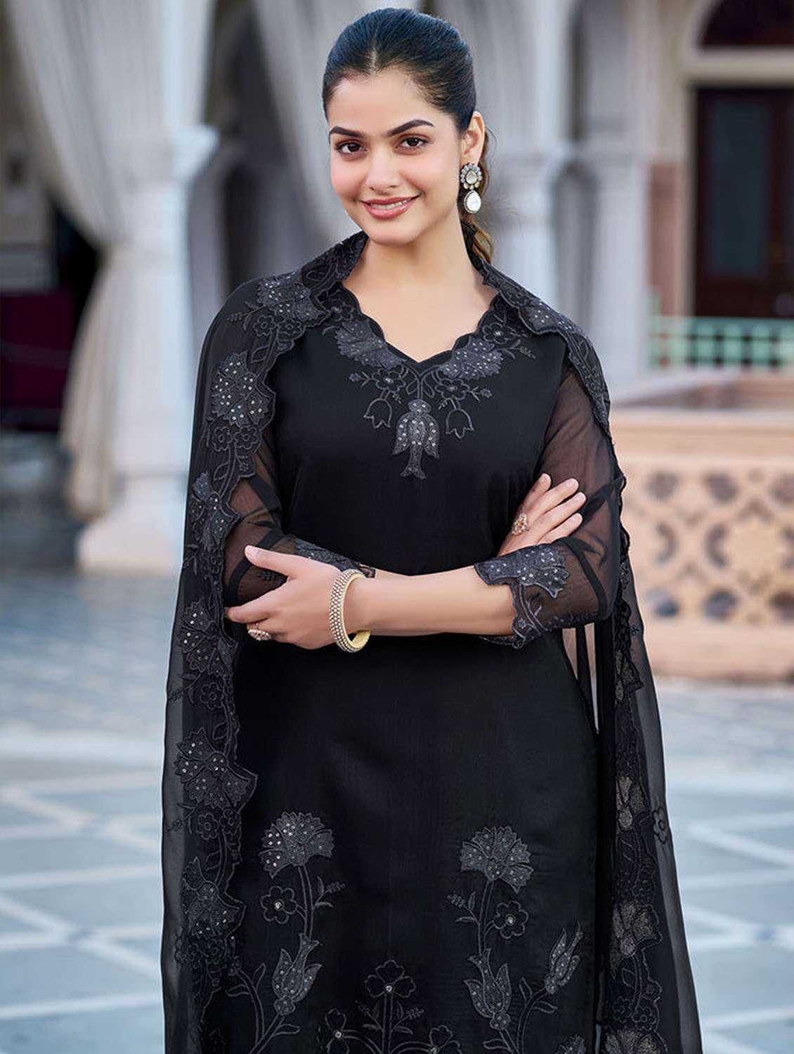 women solid with work three quarter sleeve kurta pant with dupatta set - 22379572 -  Standard Image - 1