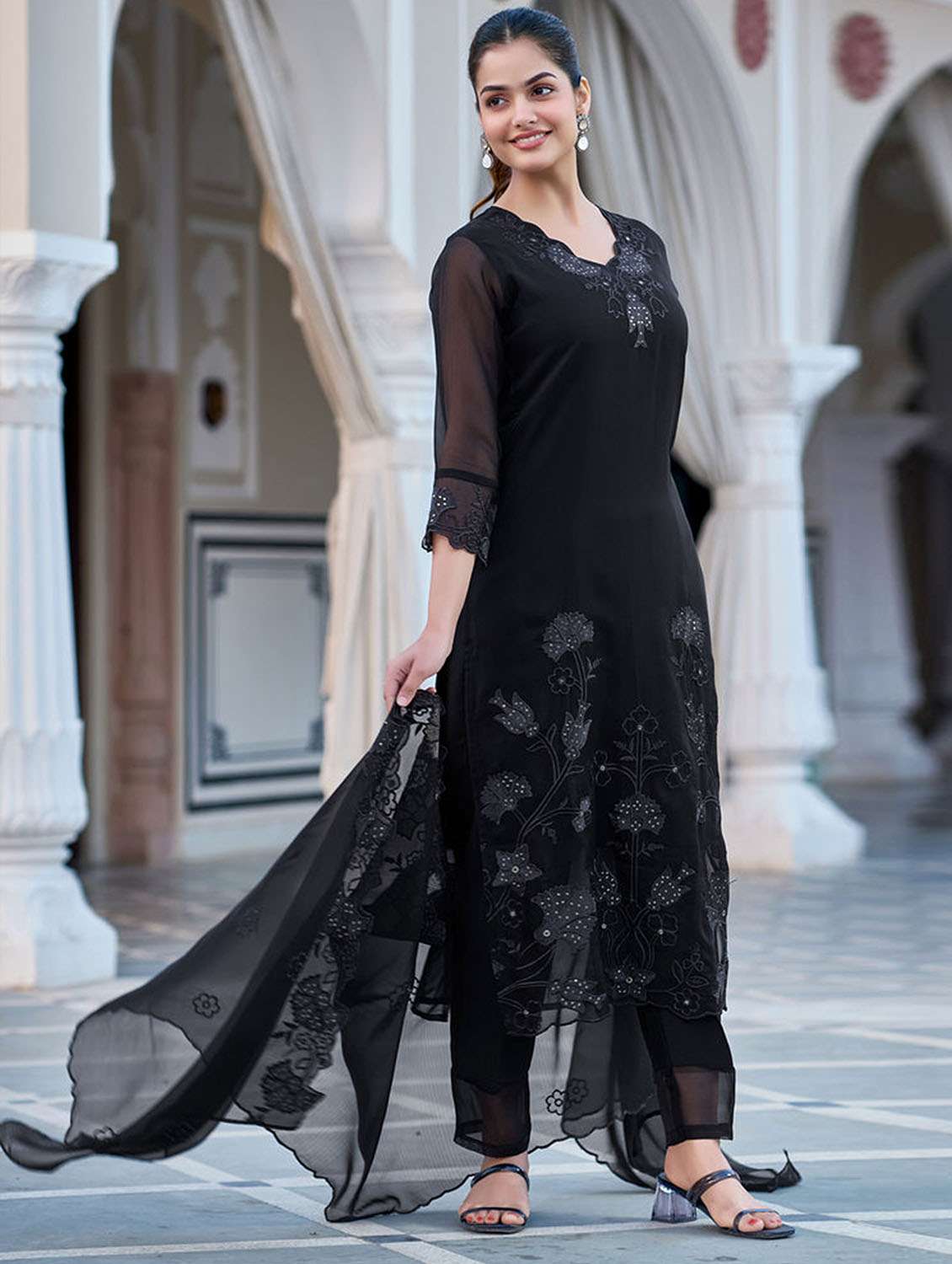 women solid with work three quarter sleeve kurta pant with dupatta set - 22379572 -  Standard Image - 4
