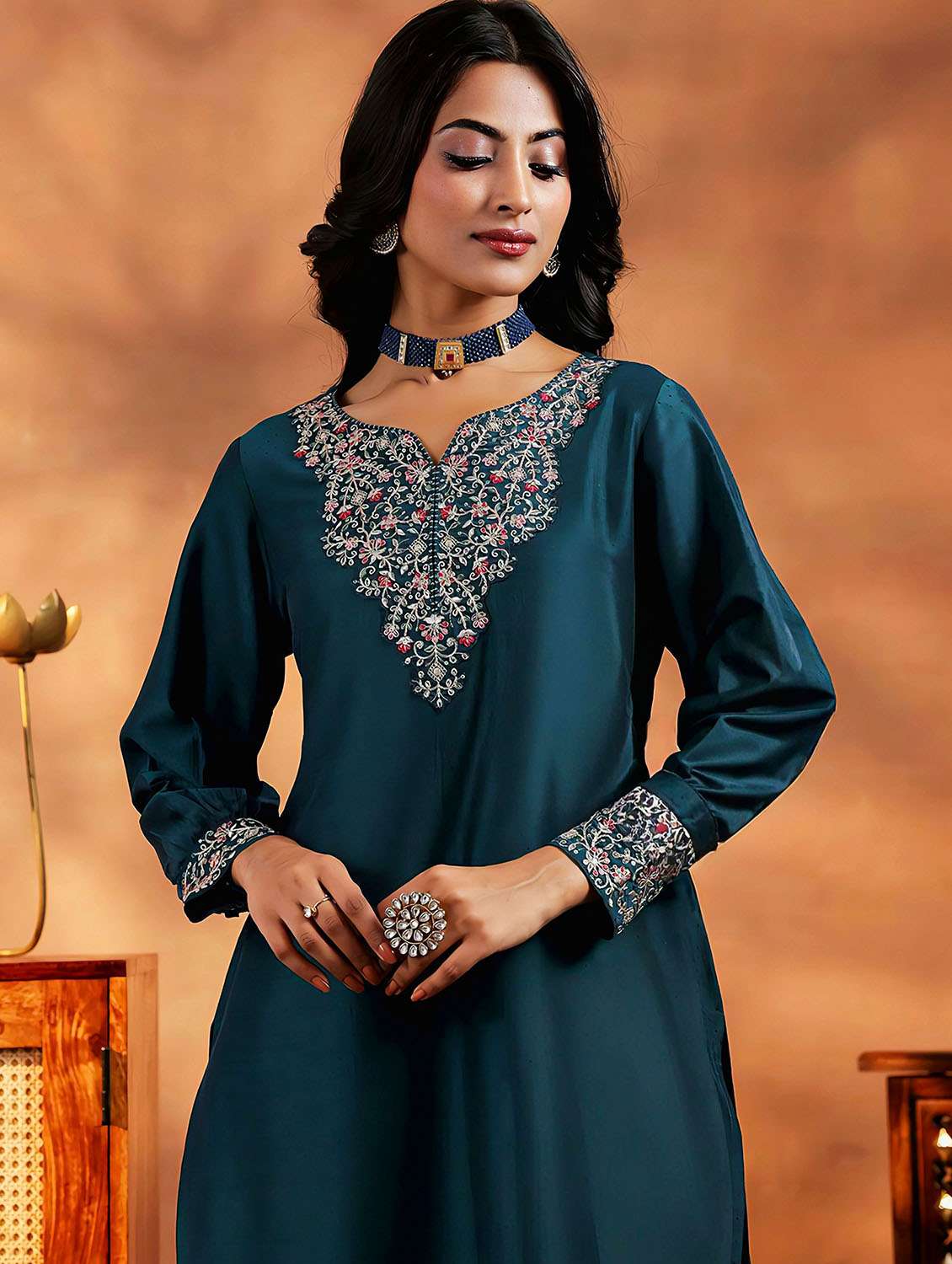 women solid with work long sleeve kurta pant with dupatta set - 22379579 -  Standard Image - 1