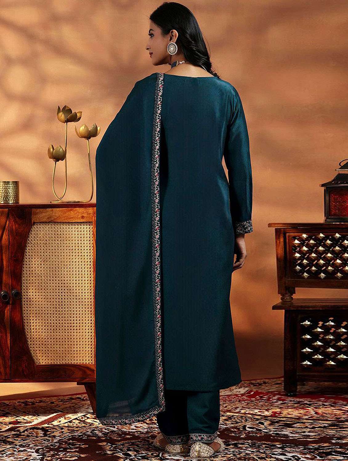 women solid with work long sleeve kurta pant with dupatta set - 22379579 -  Standard Image - 4