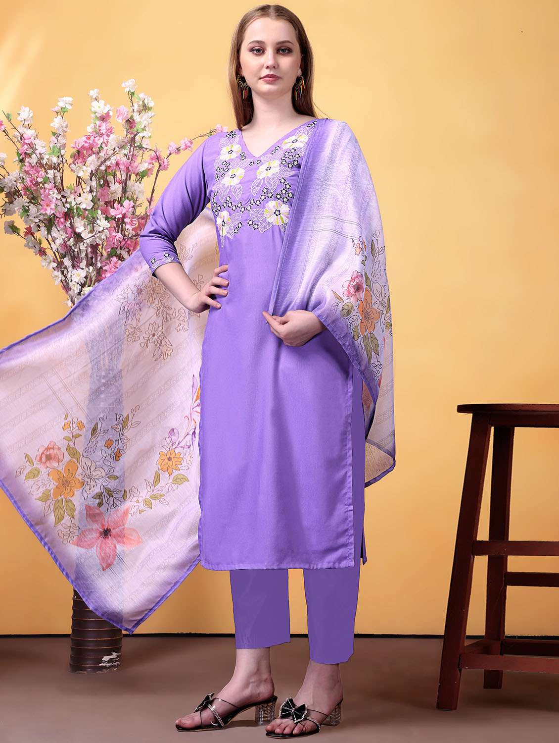 women solid with work three quarter sleeve kurta pant with dupatta set