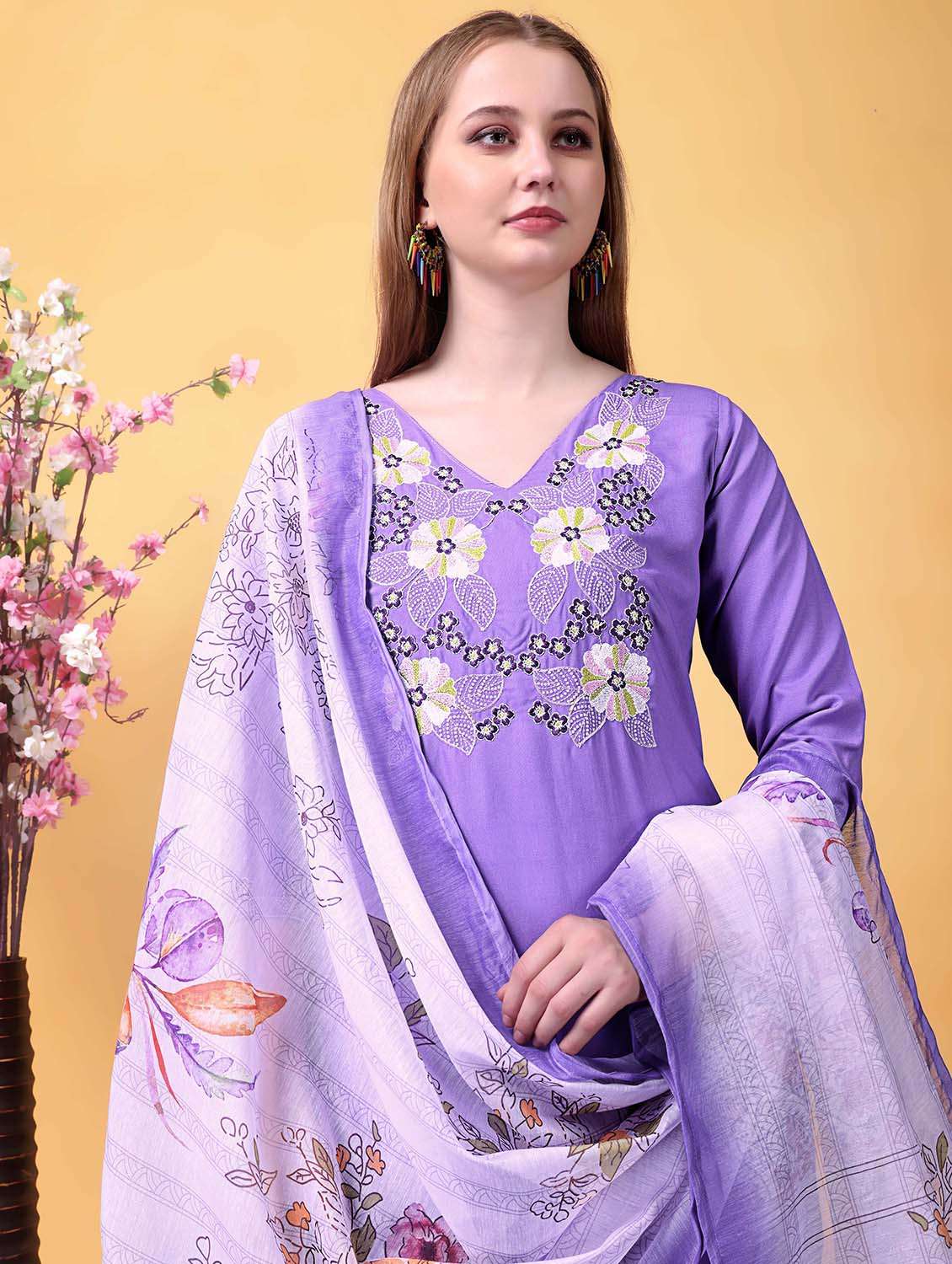 women solid with work three quarter sleeve kurta pant with dupatta set - 22379582 -  Standard Image - 1