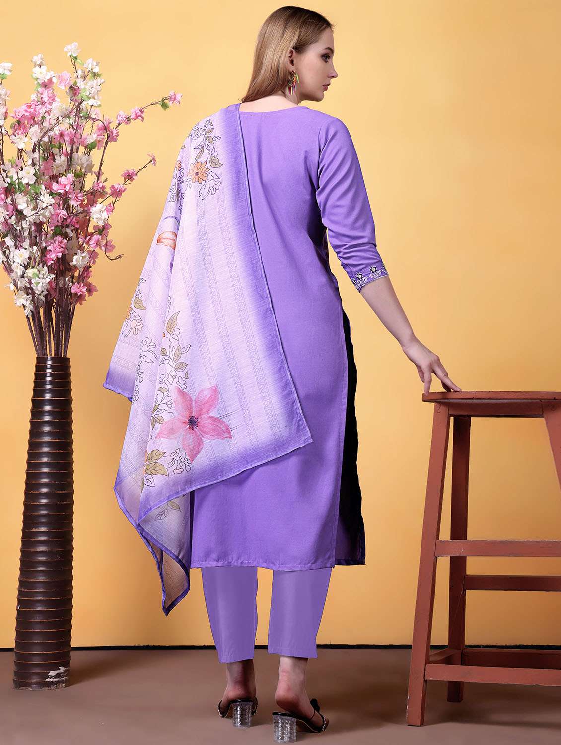 women solid with work three quarter sleeve kurta pant with dupatta set - 22379582 -  Standard Image - 4