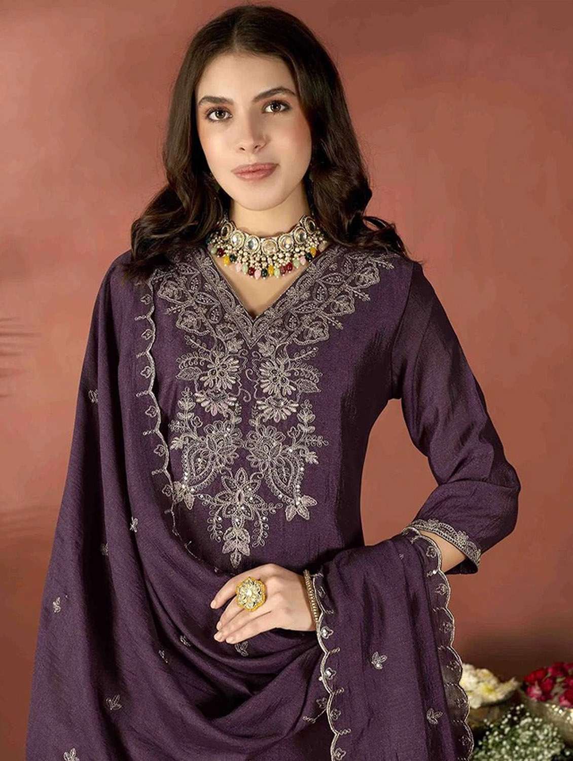 women solid with work three quarter sleeve kurta pant with dupatta set - 22379583 -  Standard Image - 1