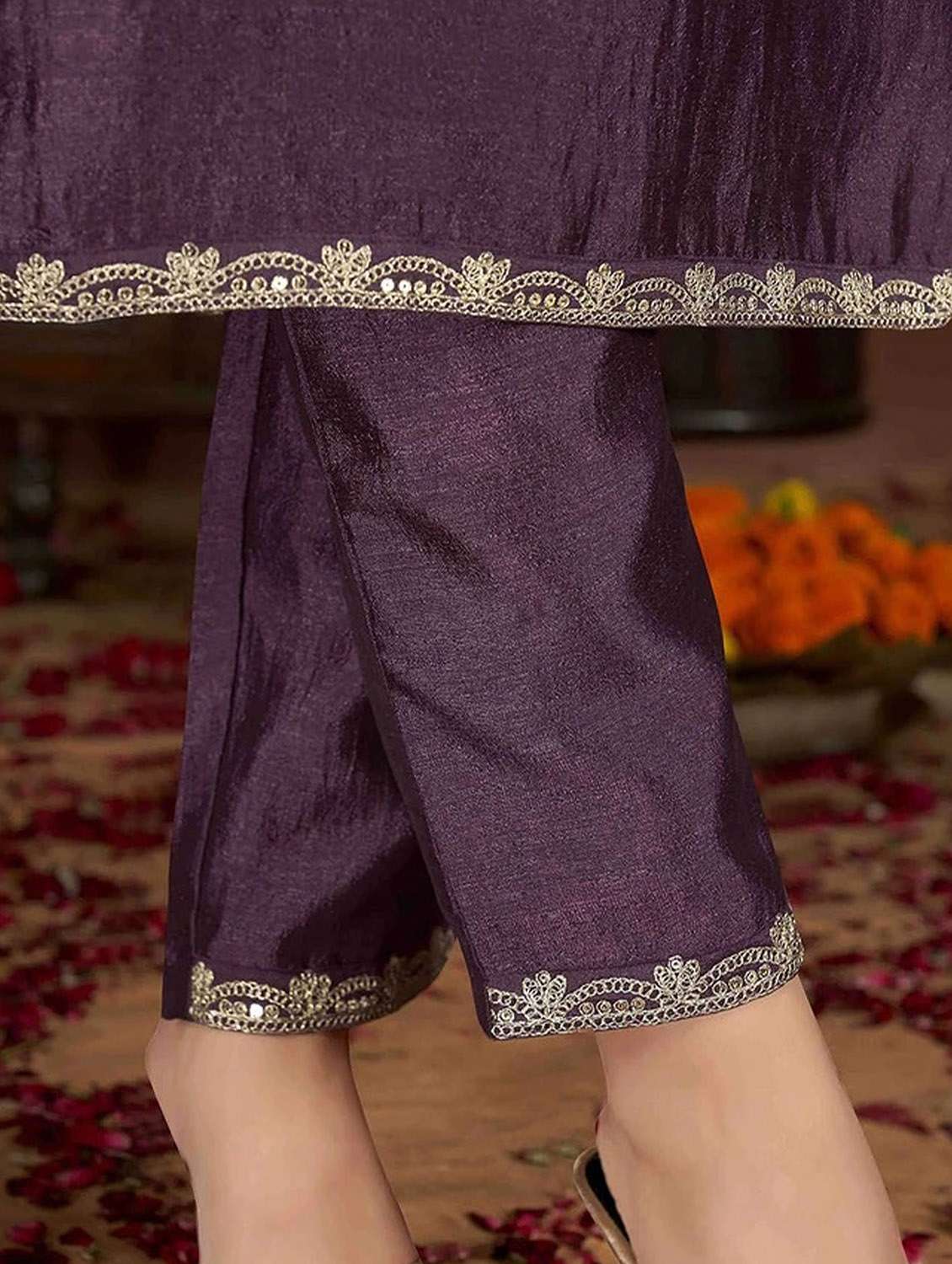 women solid with work three quarter sleeve kurta pant with dupatta set - 22379583 -  Standard Image - 6